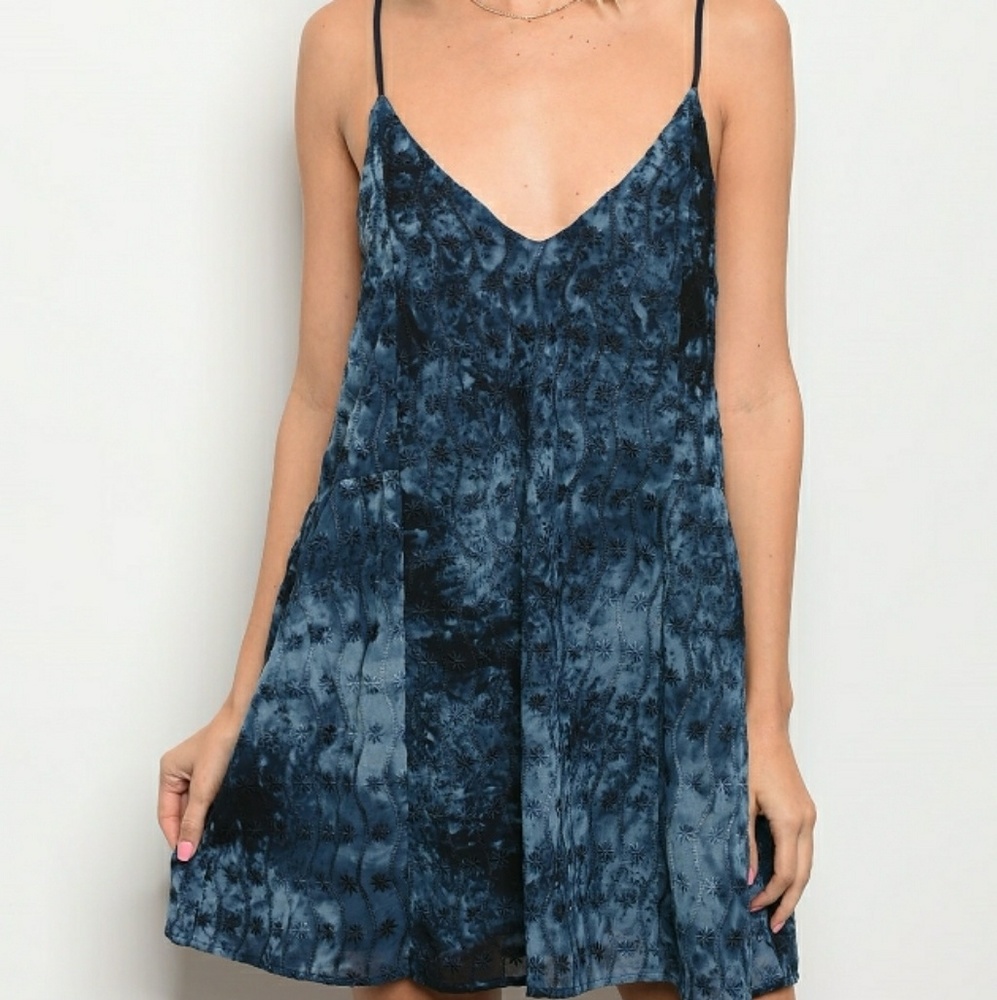 Blue Spring Dress with embroidered flowers